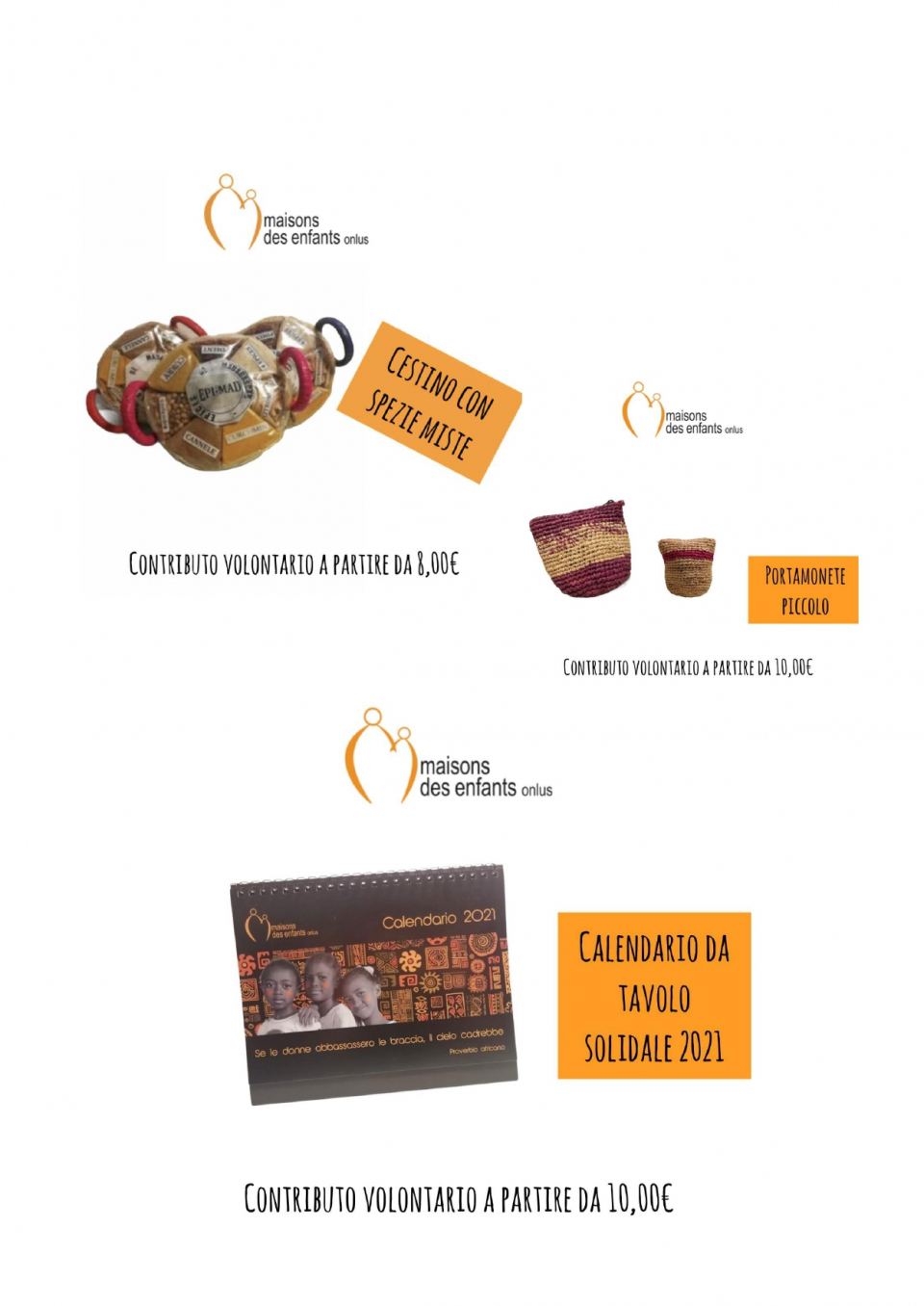 Calendario associativo; spezie malgasce; portamonete in rafia